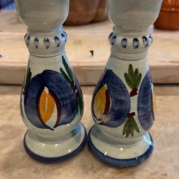Handmade art Pottery blue candlestick candleholders x2 Puerto Rico 6-1/4” - Picture 2 of 8